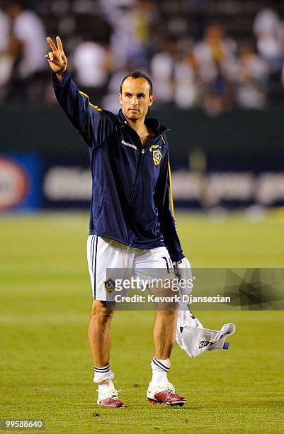 Landon Donovan of the Los Angeles Galaxy waves at fansduring a World Cup send off ceremony after the MLS soccer match against Toronto FC May 15, 2010...