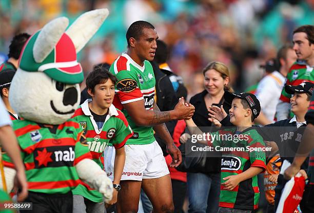 Fans congratulate Fatuli Talanoa of the Rabbitohs after winnign the round ten NRL match between the Wests Tigers and the South Sydney Rabbitohs at...