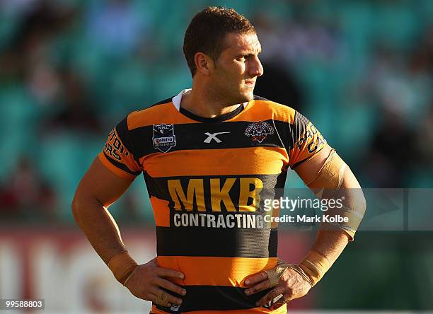 Robbie Farah of the Tigers shows his frustration during the round ten NRL match between the Wests Tigers and the South Sydney Rabbitohs at Sydney...