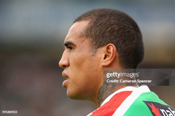 Fetuli Talanoa of the Rabbitohs looks on during the round ten NRL match between the Wests Tigers and the South Sydney Rabbitohs at Sydney Cricket...