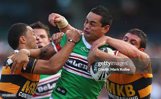 John Sutton of the Rabbitohs runs the ball during the round ten NRL match between the Wests Tigers and the South Sydney Rabbitohs at Sydney Cricket...