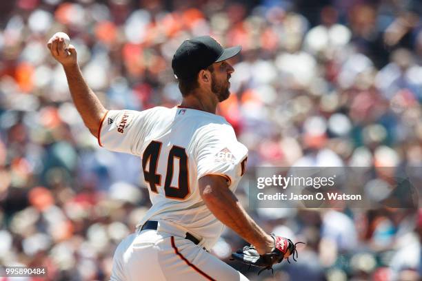 Madison Bumgarner of the San Francisco Giants pitches against the St. Louis Cardinals during the first inning at AT&T Park on July 8, 2018 in San...