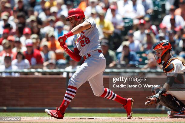 Tommy Pham of the St. Louis Cardinals at bat against the San Francisco Giants during the first inning at AT&T Park on July 8, 2018 in San Francisco,...