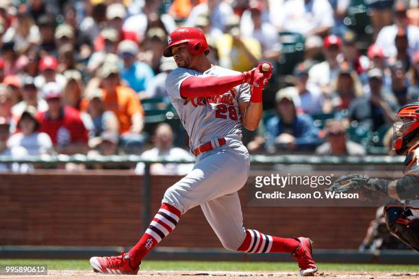 Tommy Pham of the St. Louis Cardinals at bat against the San Francisco Giants during the first inning at AT&T Park on July 8, 2018 in San Francisco,...