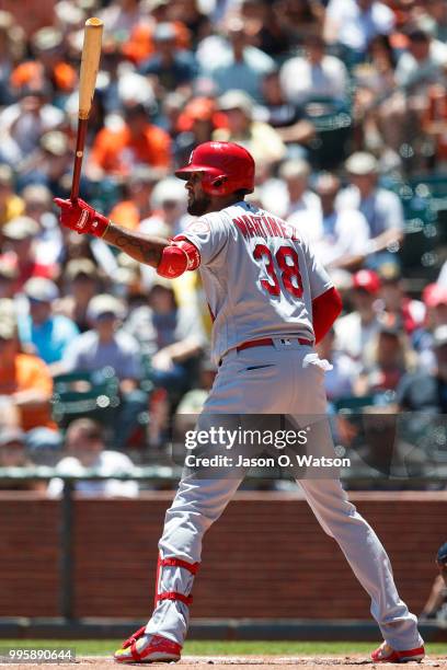 Jose Martinez of the St. Louis Cardinals at bat against the San Francisco Giants during the first inning at AT&T Park on July 8, 2018 in San...