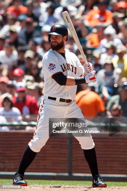 Brandon Belt of the San Francisco Giants at bat against the St. Louis Cardinals during the first inning at AT&T Park on July 8, 2018 in San...