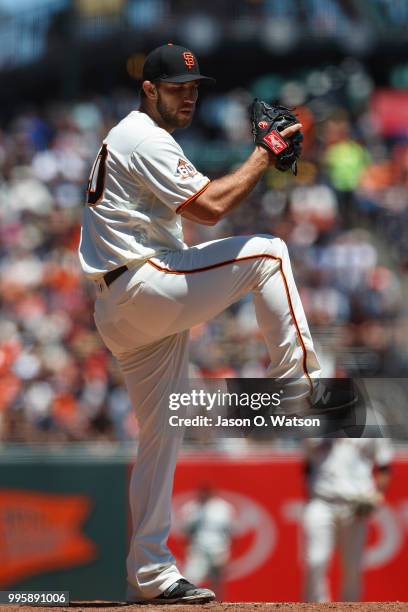 Madison Bumgarner of the San Francisco Giants pitches against the St. Louis Cardinals during the second inning at AT&T Park on July 8, 2018 in San...