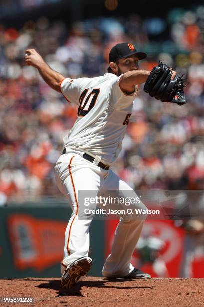 Madison Bumgarner of the San Francisco Giants pitches against the St. Louis Cardinals during the second inning at AT&T Park on July 8, 2018 in San...