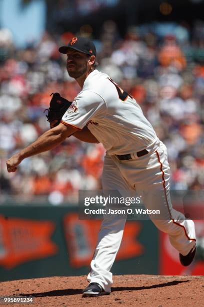 Madison Bumgarner of the San Francisco Giants pitches against the St. Louis Cardinals during the second inning at AT&T Park on July 8, 2018 in San...