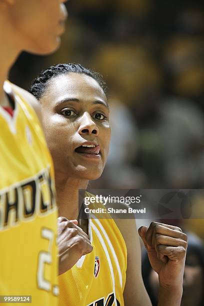 Marion Jones of the Tulsa Shock watches from the bench during the WNBA game between Minnesota Lynx and Tulsa Shock on May 15, 2010 at the BOK Center...