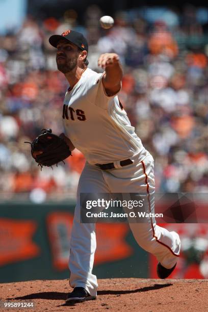 Madison Bumgarner of the San Francisco Giants pitches against the St. Louis Cardinals during the second inning at AT&T Park on July 8, 2018 in San...