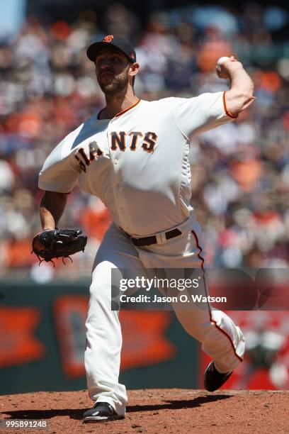 Madison Bumgarner of the San Francisco Giants pitches against the St. Louis Cardinals during the second inning at AT&T Park on July 8, 2018 in San...