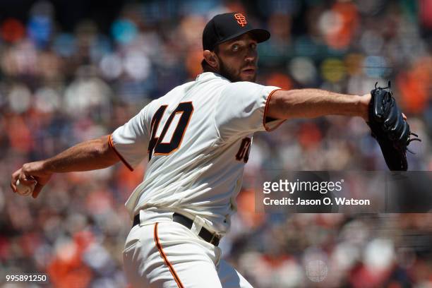Madison Bumgarner of the San Francisco Giants pitches against the St. Louis Cardinals during the second inning at AT&T Park on July 8, 2018 in San...