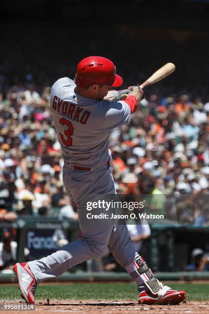 Jedd Gyorko of the St. Louis Cardinals at bat against the San Francisco Giants during the second inning at AT&T Park on July 8, 2018 in San...