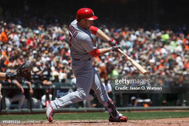 Jedd Gyorko of the St. Louis Cardinals at bat against the San Francisco Giants during the second inning at AT&T Park on July 8, 2018 in San...
