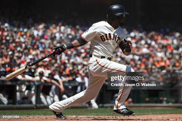 Alen Hanson of the San Francisco Giants at bat against the St. Louis Cardinals during the second inning at AT&T Park on July 8, 2018 in San...