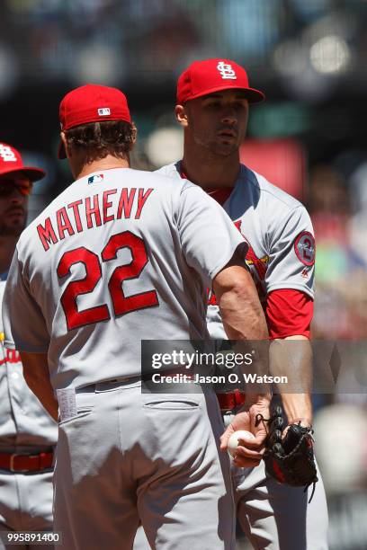 Jack Flaherty of the St. Louis Cardinals is relieved by manager Mike Matheny during the third inning against the San Francisco Giants at AT&T Park on...