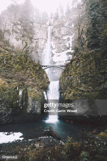 a bridge over a waterfall in winter in multnomah, usa. - garin stock pictures, royalty-free photos & images