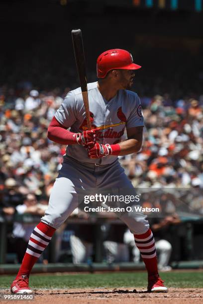 Tommy Pham of the St. Louis Cardinals at bat against the San Francisco Giants during the third inning at AT&T Park on July 8, 2018 in San Francisco,...