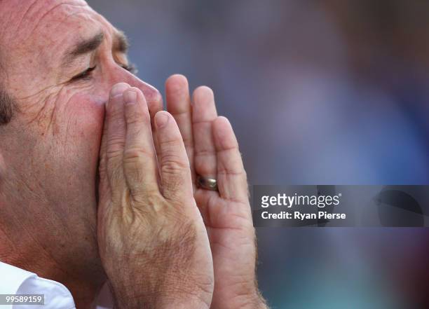Ricky Stuart, coach of the Sharks, looks on during the round ten NRL match between the Cronulla Sharks and the Penrith Panthers at Toyota Stadium on...