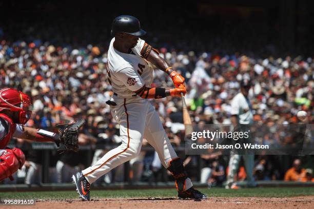 Andrew McCutchen of the San Francisco Giants at bat against the St. Louis Cardinals during the third inning at AT&T Park on July 8, 2018 in San...