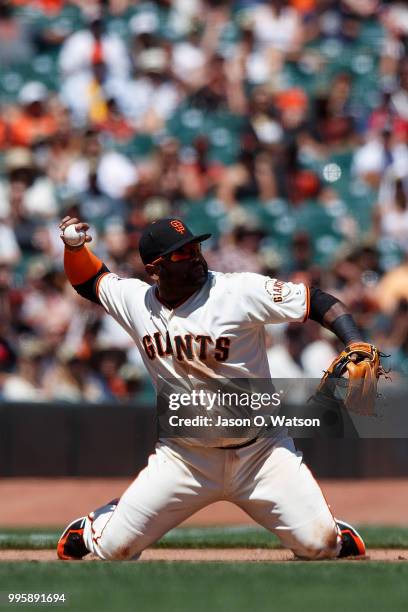 Pablo Sandoval of the San Francisco Giants throws to second base after fielding a ground ball hit off the bat of Marcell Ozuna of the St. Louis...