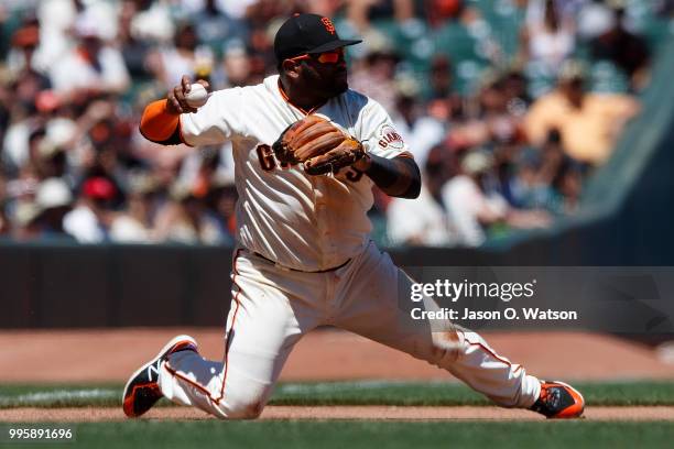 Pablo Sandoval of the San Francisco Giants throws to second base after fielding a ground ball hit off the bat of Marcell Ozuna of the St. Louis...