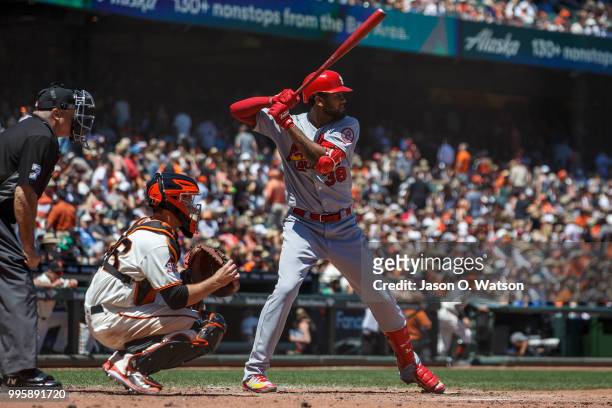 Jose Martinez of the St. Louis Cardinals at bat against the San Francisco Giants during the fourth inning at AT&T Park on July 8, 2018 in San...