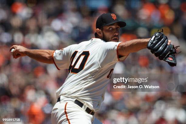 Madison Bumgarner of the San Francisco Giants pitches against the St. Louis Cardinals during the second inning at AT&T Park on July 8, 2018 in San...