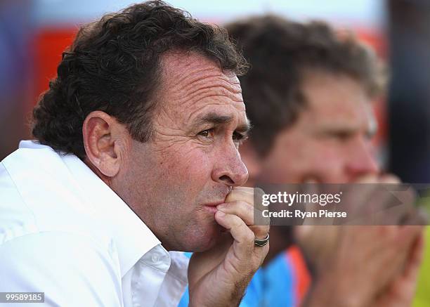 Ricky Stuart, coach of the Sharks, looks on during the round ten NRL match between the Cronulla Sharks and the Penrith Panthers at Toyota Stadium on...