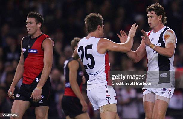 Justin Koschitzke of the Saints celebrates with Sam Fisher after kicking a goal during the round eight AFL match between the St Kilda Saints and the...