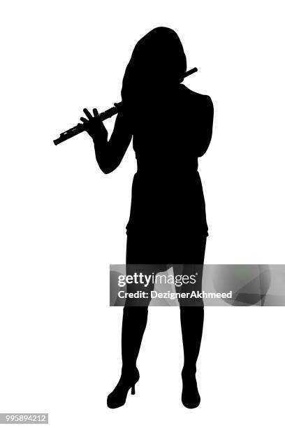 girl playing on flute silhouette vector - students playing instruments stock illustrations