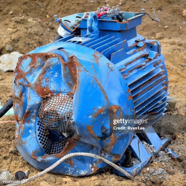 damaged blue motor from demolition - old fashioned australian beach foto e immagini stock