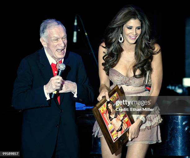 Playboy founder Hugh Hefner introduces model Hope Dworaczyk as the 2010 Playboy Playmate of the Year at the Rain Nightclub inside the Palms Casino...