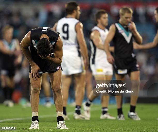 Domenic Cassisi of the Power reacts after defeat in the round eight AFL match between the Port Adelaide Power and the Carlton Blues at AAMI Stadium...
