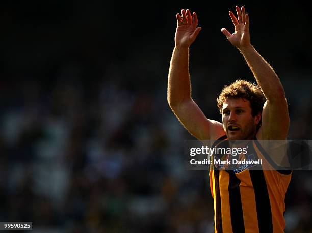 Campbell Brown of the Hawks stands on the mark of a shot for goal during the round eight AFL match between the Richmond Tigers and the Hawthorn Hawks...