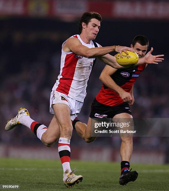 Lenny Hayes of the Saints kicks a goal during the round eight AFL match between the St Kilda Saints and the Essendon Bombers at Etihad Stadium on May...