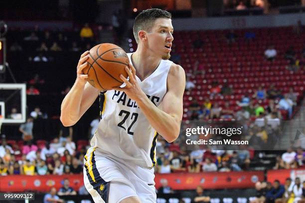 Leaf of the Indiana Pacers drives against the San Antonio Spurs during the 2018 NBA Summer League at the Thomas & Mack Center on July 7, 2018 in Las...