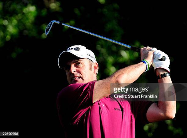 Paul McGinley of Ireland plays his tee shot on the second hole during the final round of the Open Cala Millor Mallorca at Pula golf club on May 16,...