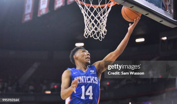 Allonzo Trier of the New York Knicks scores on a layup against the Atlanta Hawks during the 2018 NBA Summer League at the Thomas & Mack Center on...