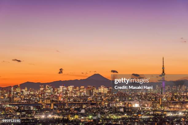 tokyo city and skytree with mt fuji on the background at dusk - masaki stock pictures, royalty-free photos & images