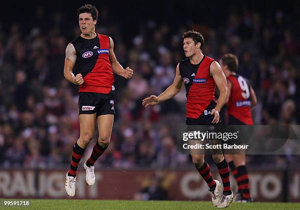 Angus Monfries of the Bombers celebrates after kicking a goal in the final quarter during the round eight AFL match between the St Kilda Saints and...