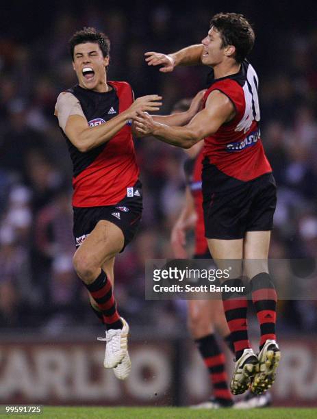 Angus Monfries of the Bombers celebrates after kicking a goal in the final quarter during the round eight AFL match between the St Kilda Saints and...