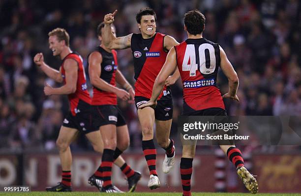 Angus Monfries of the Bombers celebrates after kicking a goal in the final quarter during the round eight AFL match between the St Kilda Saints and...