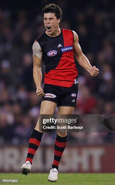 Angus Monfries of the Bombers celebrates after kicking a goal in the final quarter during the round eight AFL match between the St Kilda Saints and...