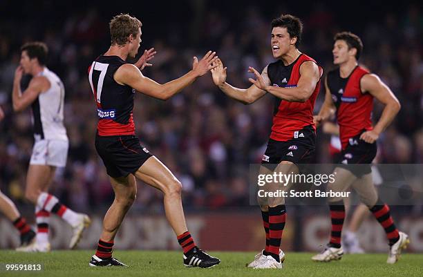 Angus Monfries of the Bombers celebrates after kicking a goal in the final quarter during the round eight AFL match between the St Kilda Saints and...