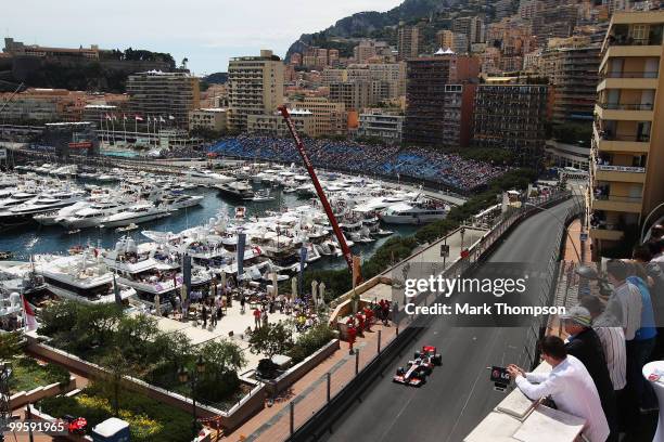 Jenson Button of Great Britain and McLaren Mercedes drives during qualifying for the Monaco Formula One Grand Prix at the Monte Carlo Circuit on May...