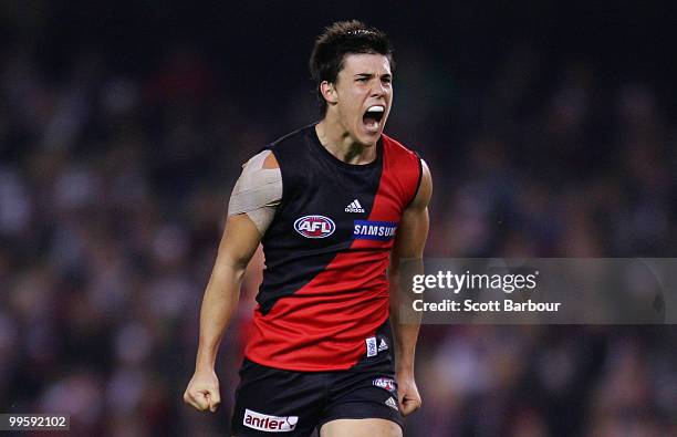 Angus Monfries of the Bombers celebrates after kicking a goal in the final quarter during the round eight AFL match between the St Kilda Saints and...