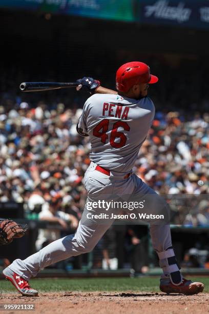 Francisco Pena of the St. Louis Cardinals at bat against the San Francisco Giants during the fourth inning at AT&T Park on July 8, 2018 in San...