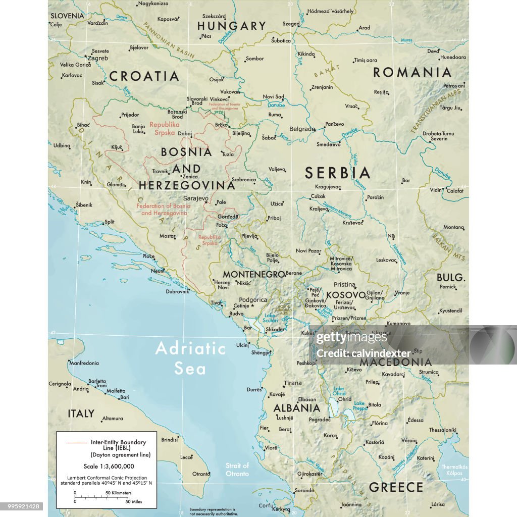 Fysieke kaart van de Balkanregio midden